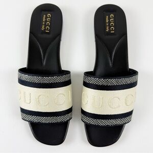 Gucci Logo Slide Sandals Womens EU 39.5 9.5 Black White Canvas Embroidered NEW